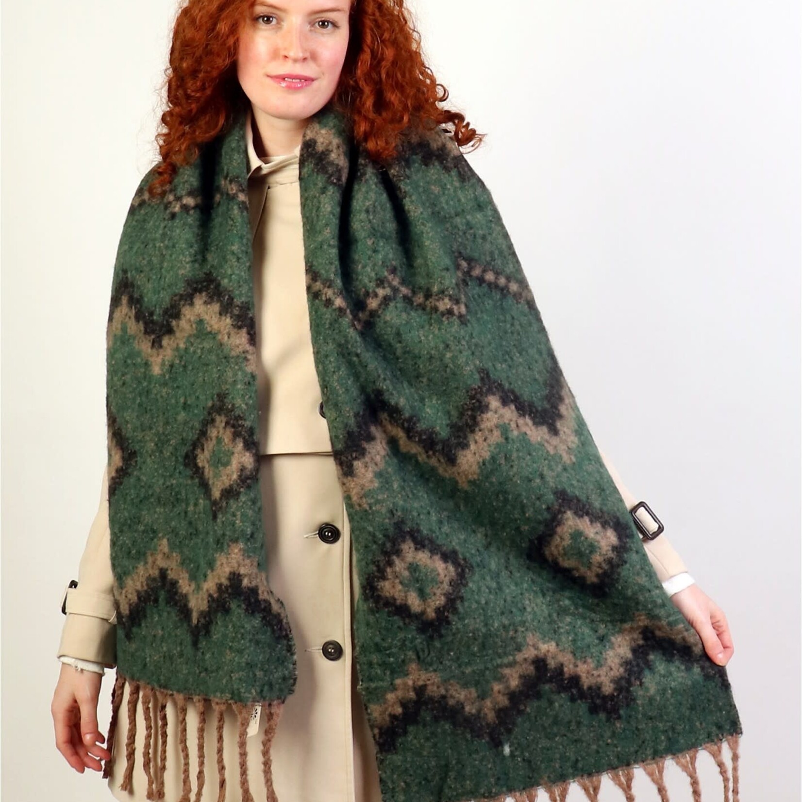 Reversible Tribal Patterned Blanket Scarf W/ Twisted Tassels-Green