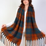 Plaid Patterned Blanket Scarf W/ Twisted Tassels-orange/navy