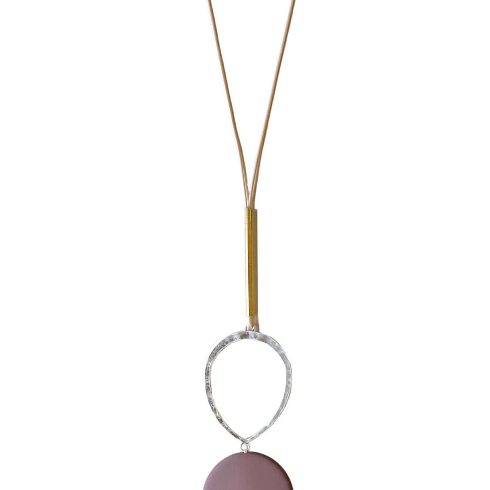 Long Cream Cord Silver Accent with Mauve Pendant Necklace