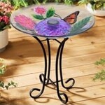 Solar Floral Glass Monarch Butterfly Bird Bath w/Stand