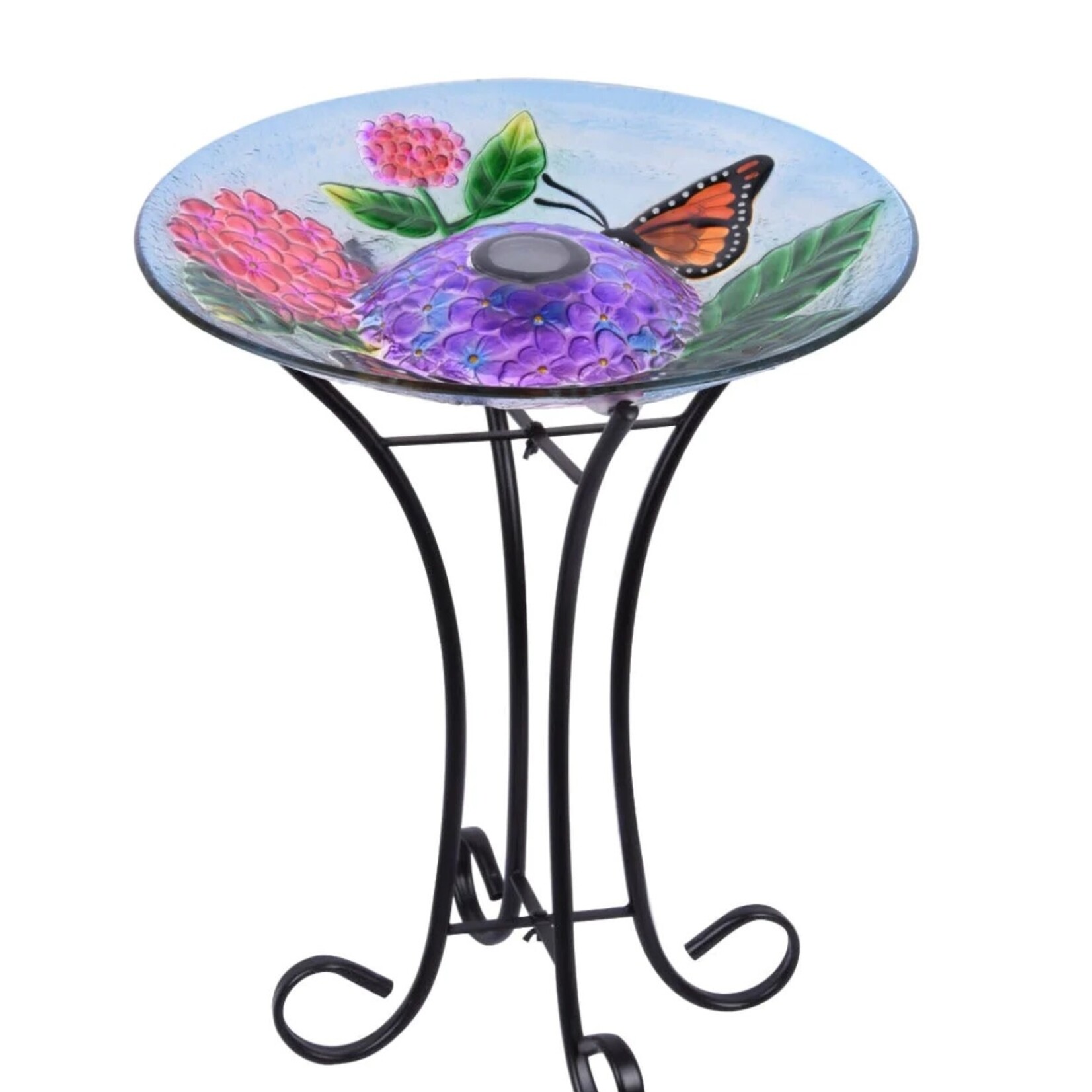Solar Floral Glass Monarch Butterfly Bird Bath w/Stand