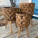 Brown Woven Slat Wood Basket w/Stand - Med.