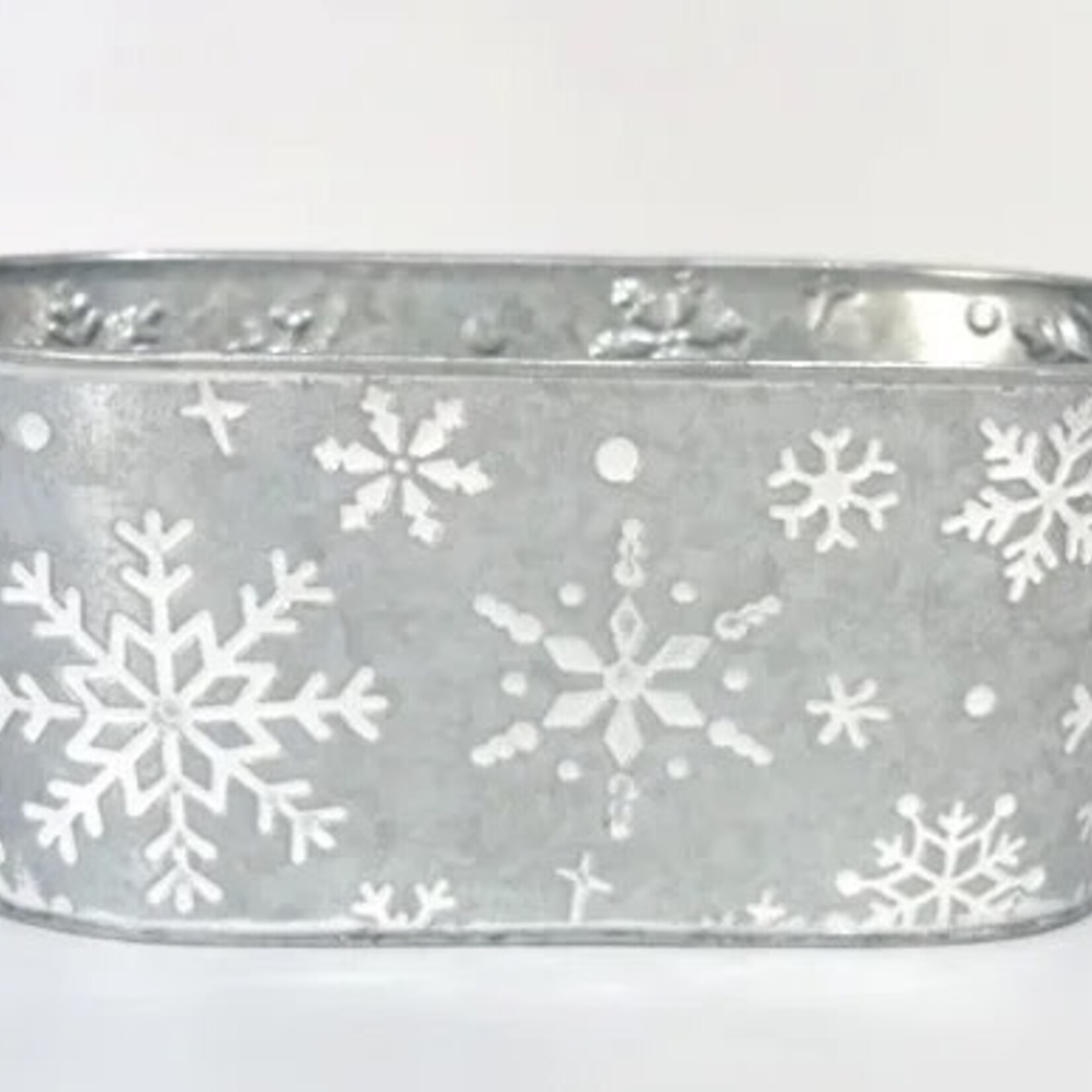 Metal Pot, White Snowflakes, Silver Pot w/Liner (FITS 2-4"POTS)
