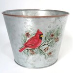 Cardinal On Pine Branch, Silver Metal Pot w/Liner  (FITS 6"POT)