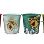 Christmas Metal pots w/trees  4Asst. colours