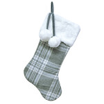 STOCKING 20.5" GRAY/WHITE PLAID W/ FAUX FUR CUFF & POM POMS
