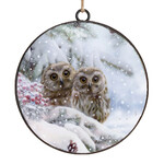 ORN METAL DISC 4" TWIN OWLS WINTER SCENE