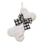 STOCKING 14" PET DOG BONE WHITE VELVET QUILTED W/ BLK/ WHT  PLAID BOW