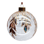 ORN GLASS BALL 4" CLEAR W/ COPPER & SILVER LEAVES W/ GLITTER