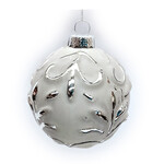 ORN GLASS BALL 3" SILVER EMBOSSED FLEUR DE LYS PATTERN W/  GREY PAINT