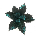 POINSETTIA HEAD GREEN EMERALD 5" VELVET W/ SEQUIN & CLIP