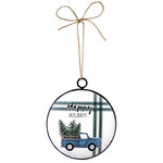 ORN METAL DISC 4" BLUE TRUCK W/ TREES AT BACK