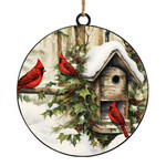ORN METAL DISC 4" CARNINAL & BIRDHOUSE