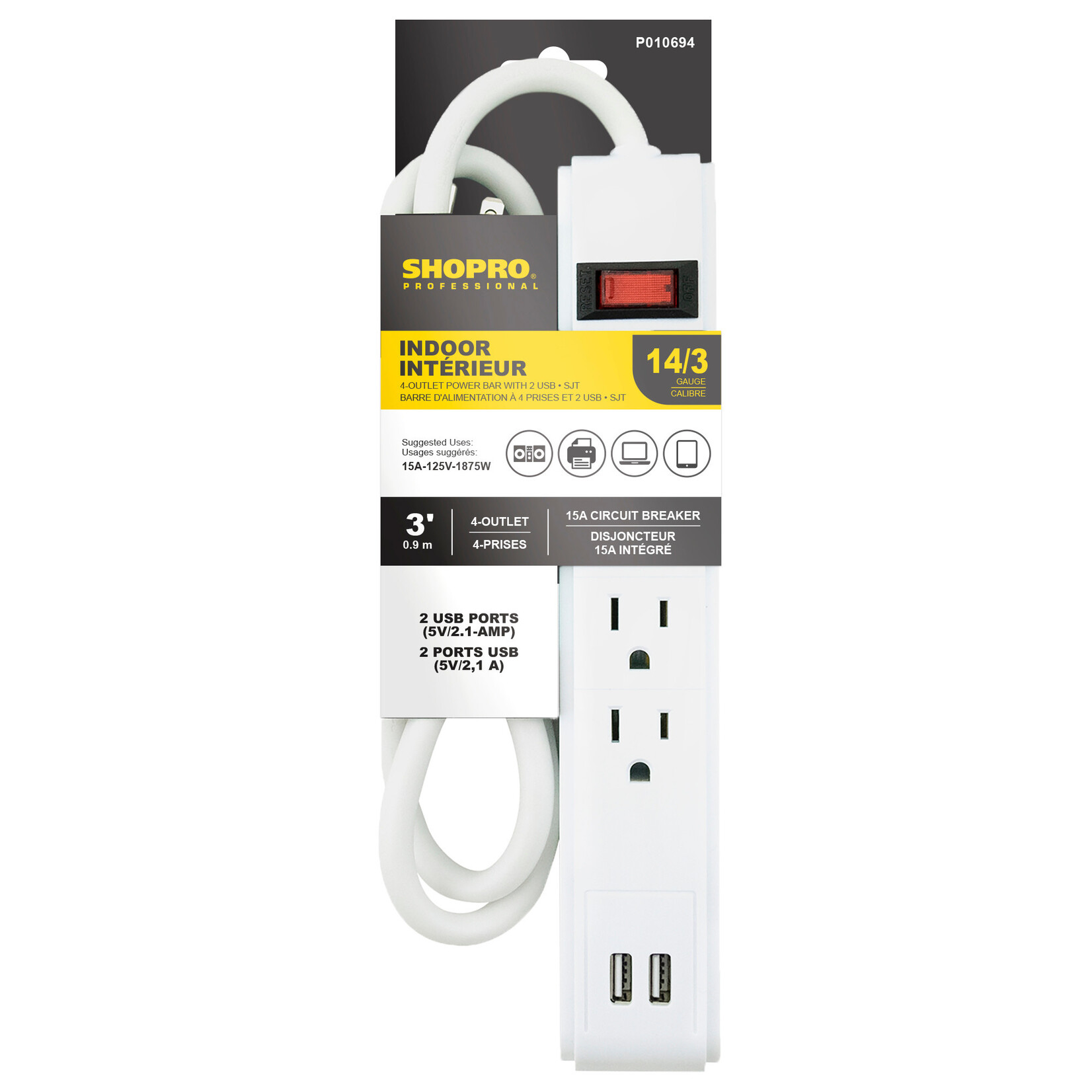 4-Outlet 2 USB Power Bar
