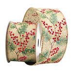 Wired Ribbon 2.5"x10 yds Natural w/Green Pine Needles & Red Berries