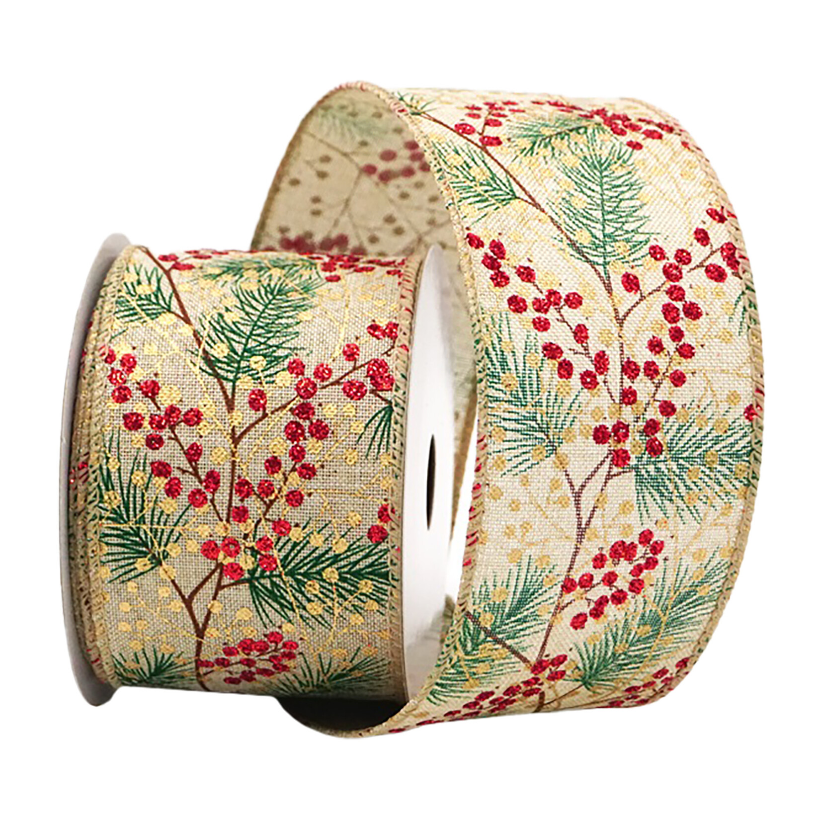 Wired Ribbon 2.5"x10 yds Natural w/Green Pine Needles & Red Berries