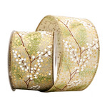 Wired Ribbon 2.5"x10 yds Natural w/Green Pine Needles & Gold/White Berries