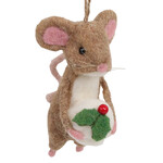 5" Orn Wool Mouse Brown/White Holding a Cake