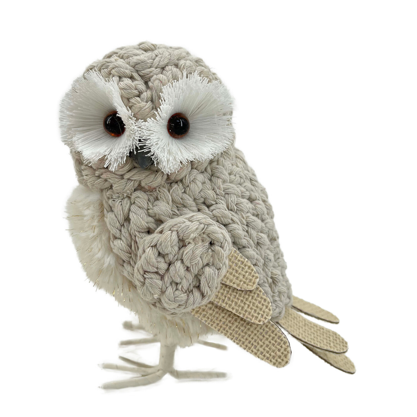 Owl Beige Standing Fabric Knit 6.5"x7.5" w/Burlap Wings