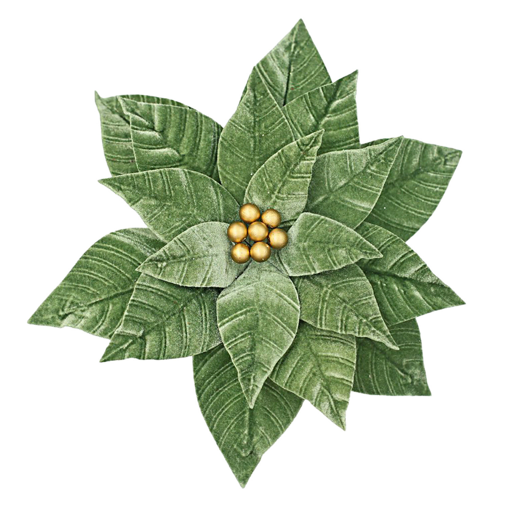 Sage Green Poinsettia 12" Velvet W/ Gold Berries & Clip