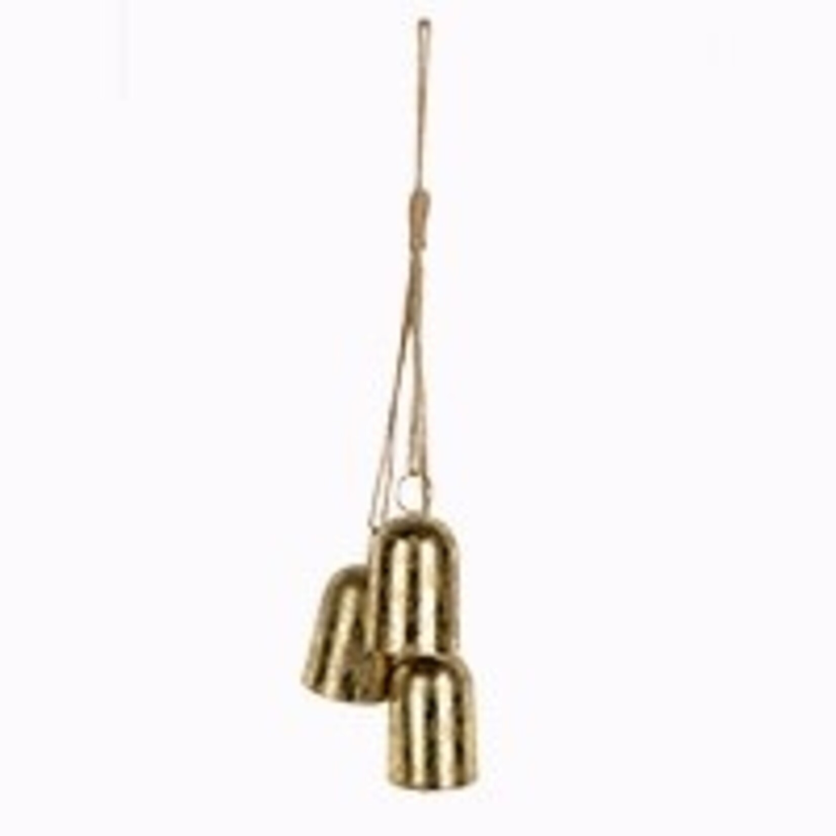 Set/3 Hanging  Metal Bells on Rope 57CM, Distressed Gold