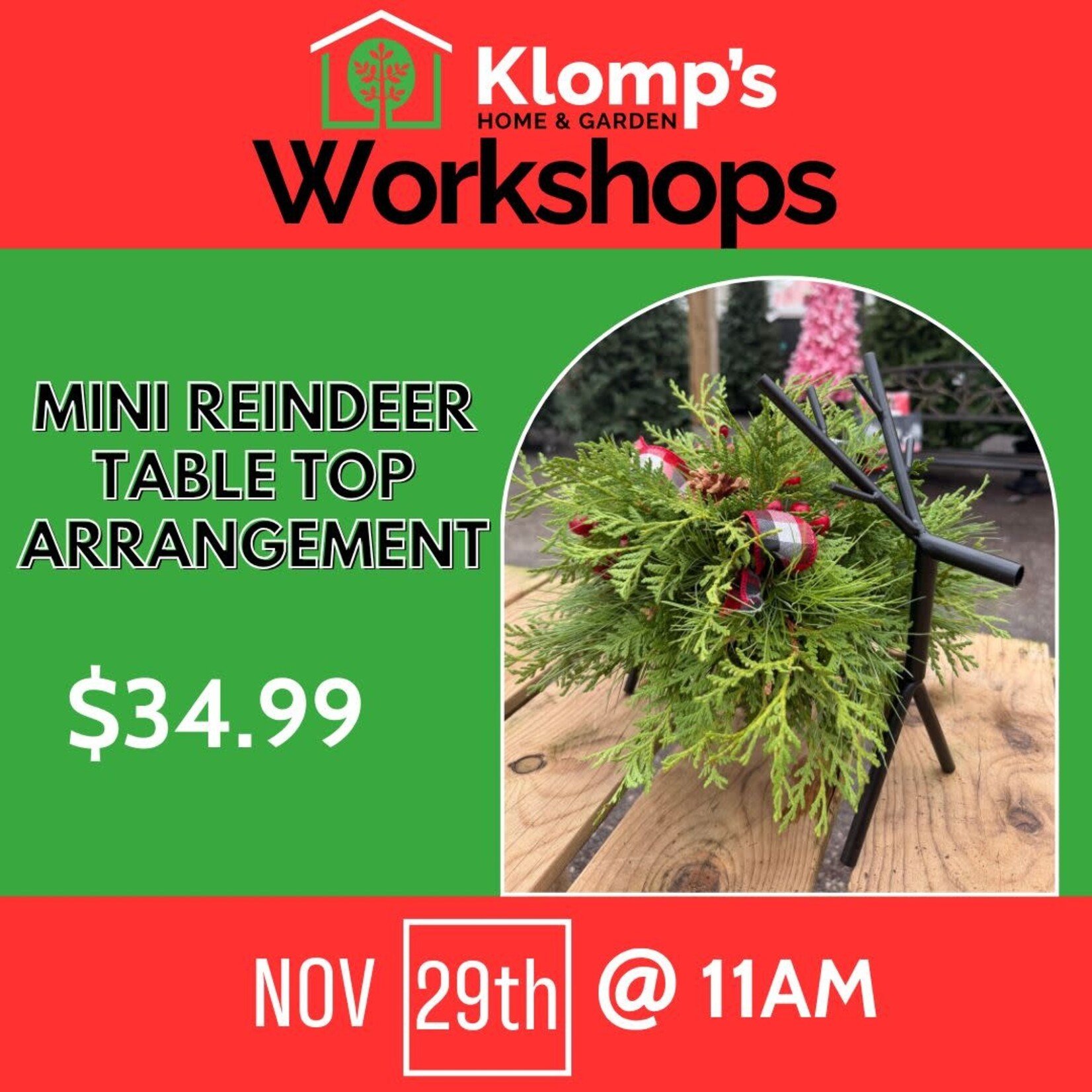 November 29th, 2025 | 11am | Saturday | Mini Reindeer Table Top Arrangement Workshop