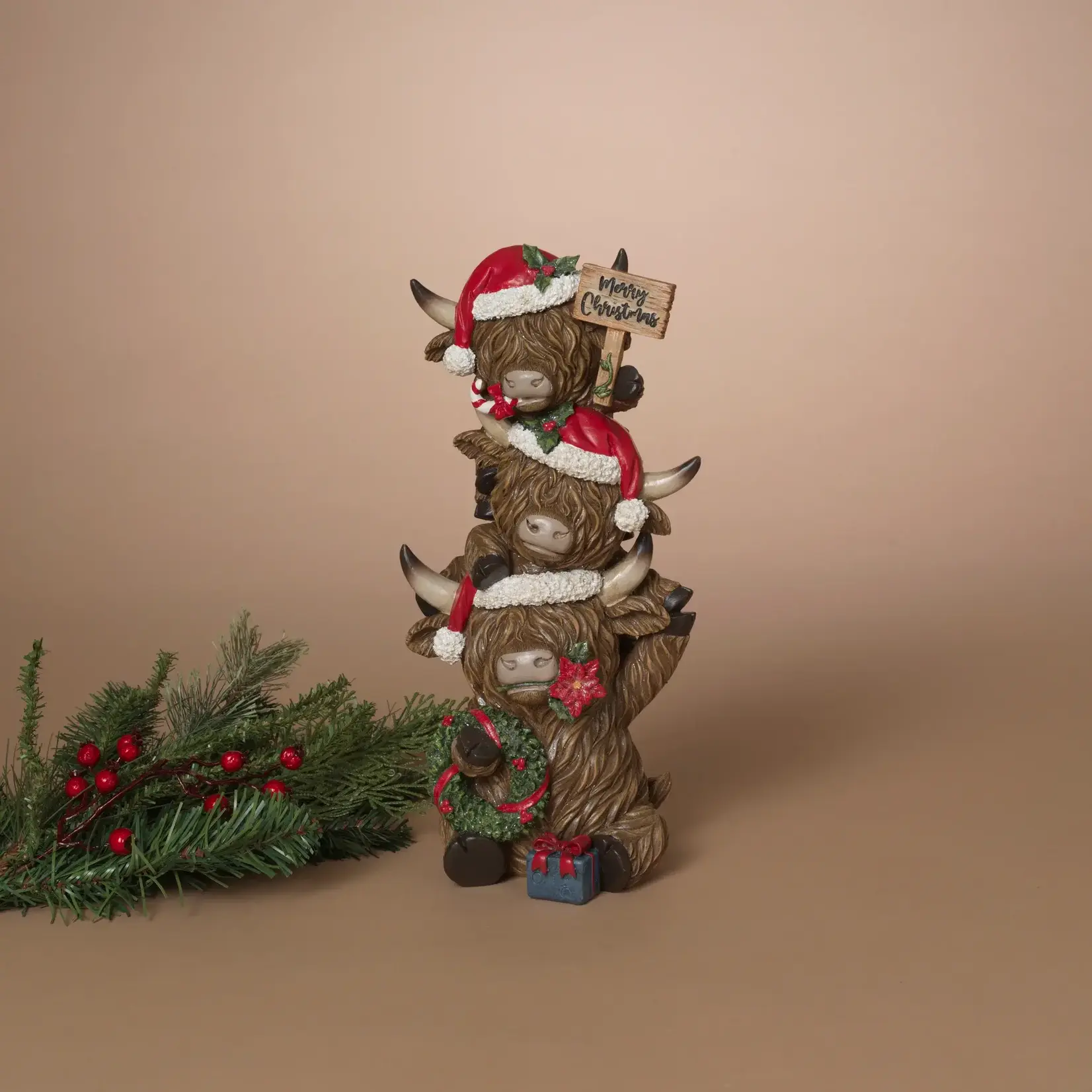 13" Stacking Holiday Highland Cows W/ Sign