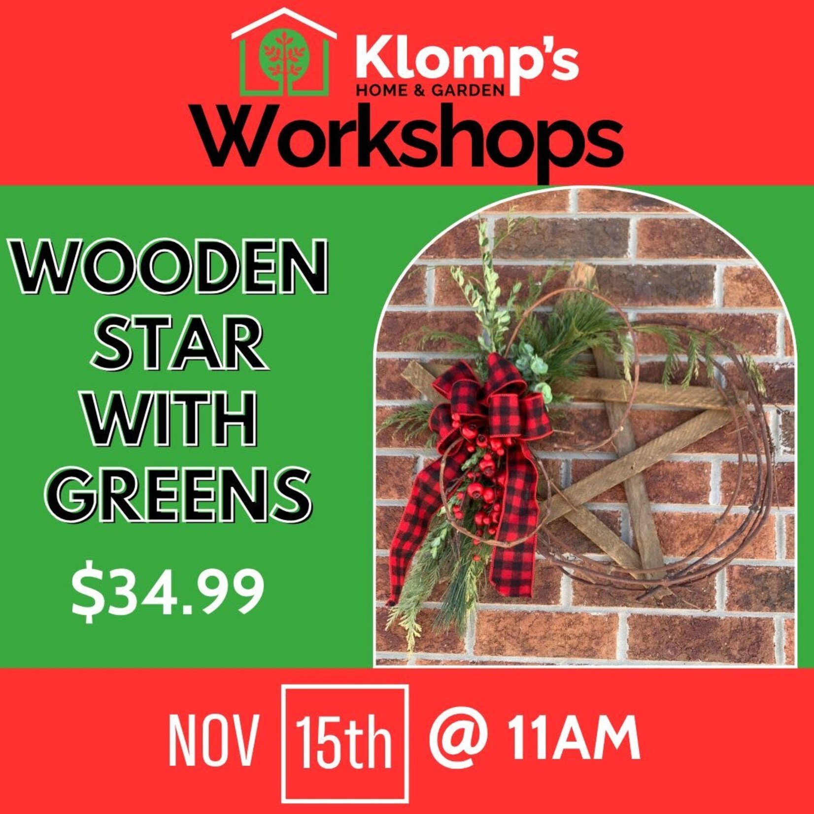 November 15th, 2025 | 11am | Saturday | Wooden Star with Greens Workshop