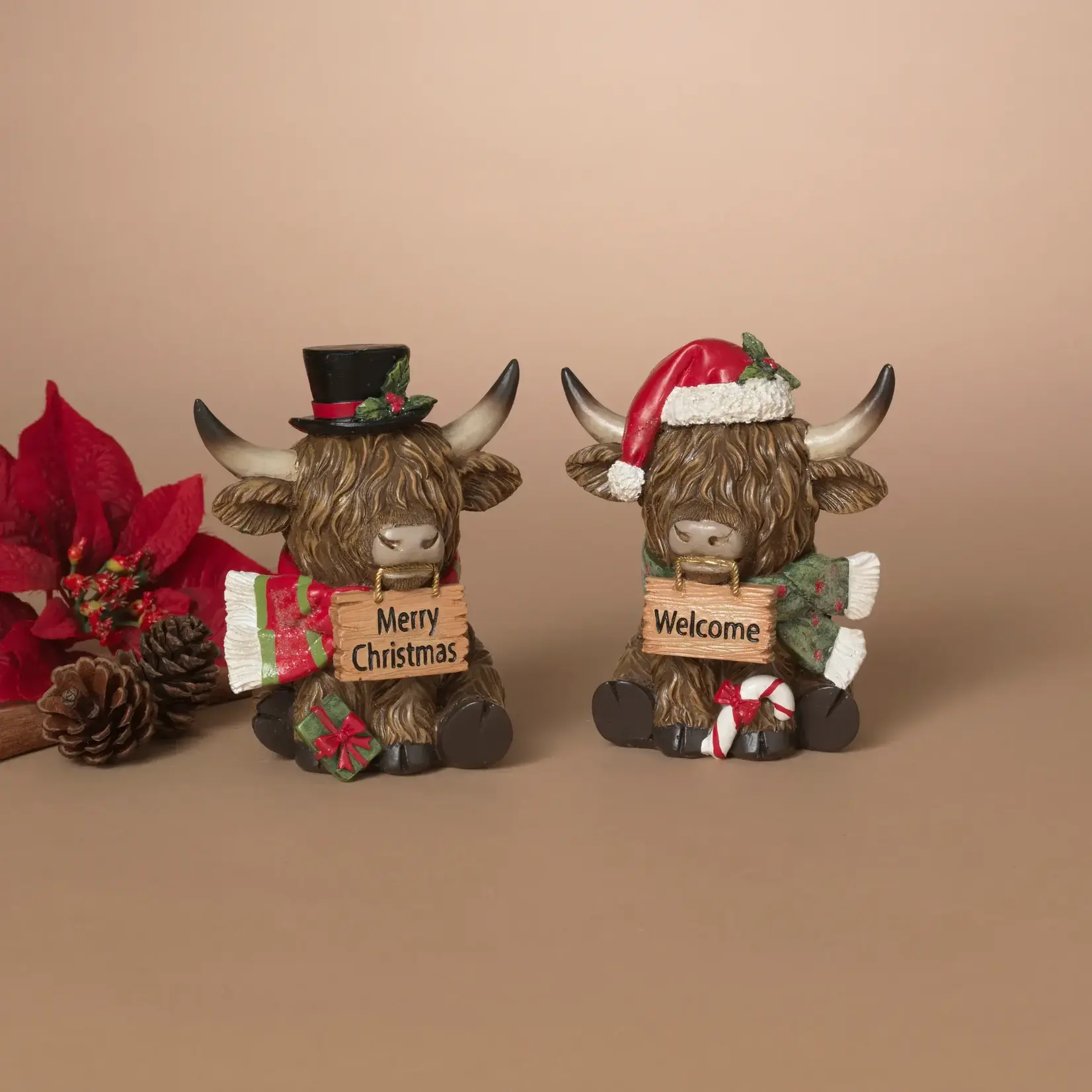 5.5" Holiday Highland Cow W/ Sign  - 2 Asst.