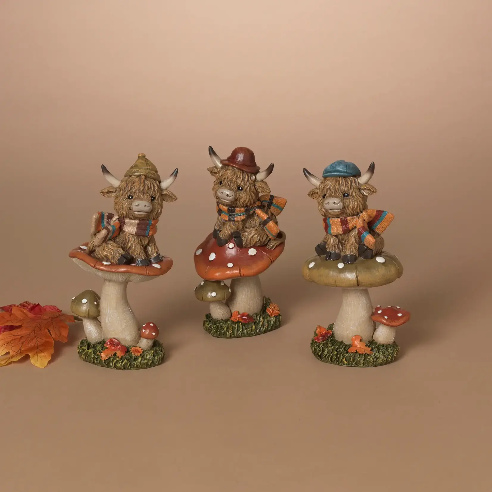 7" Harvest Highland Cow Sitting  on Mushroom