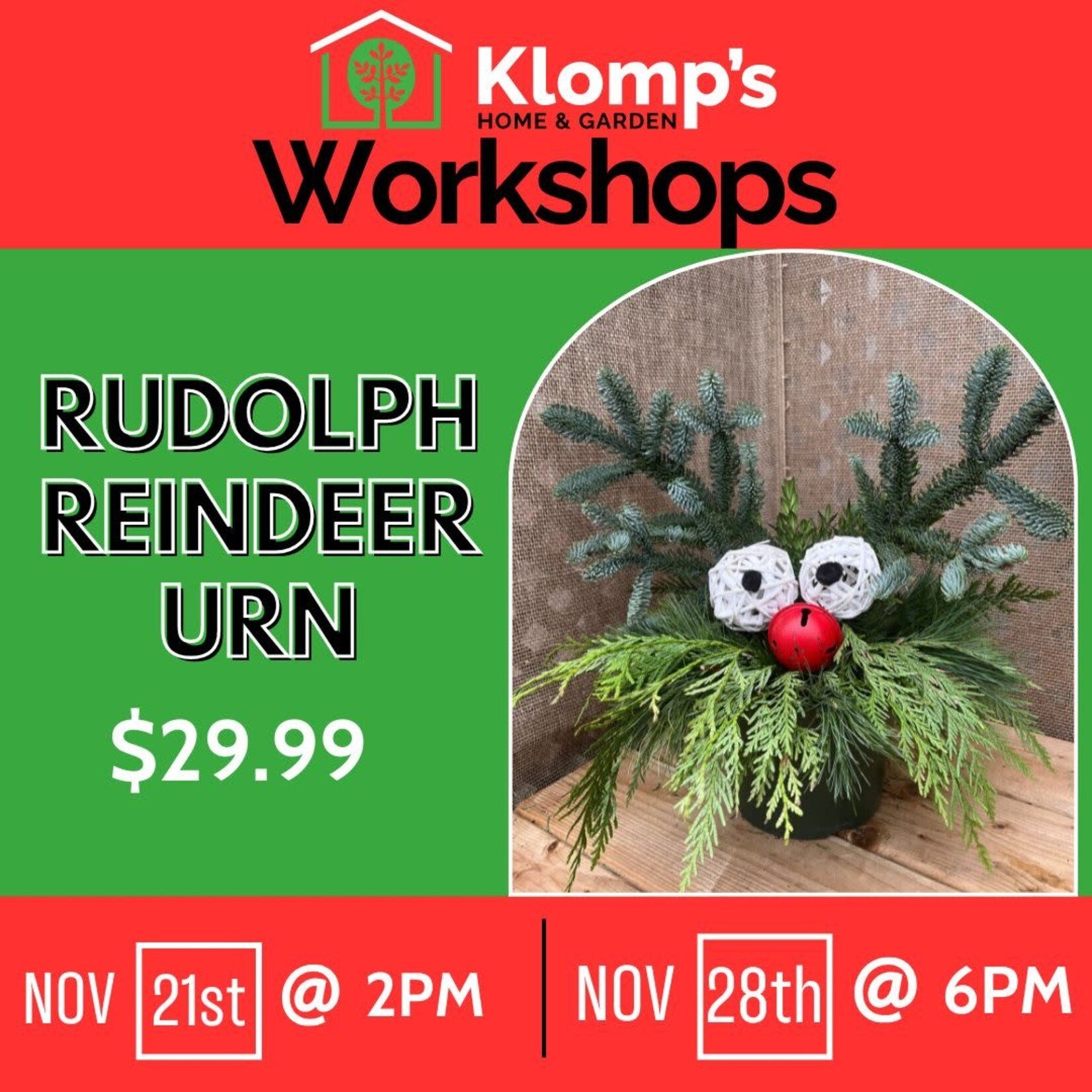 November 28th, 2025 | 6pm | Friday | Rudolph Reindeer Urn Kids Workshop