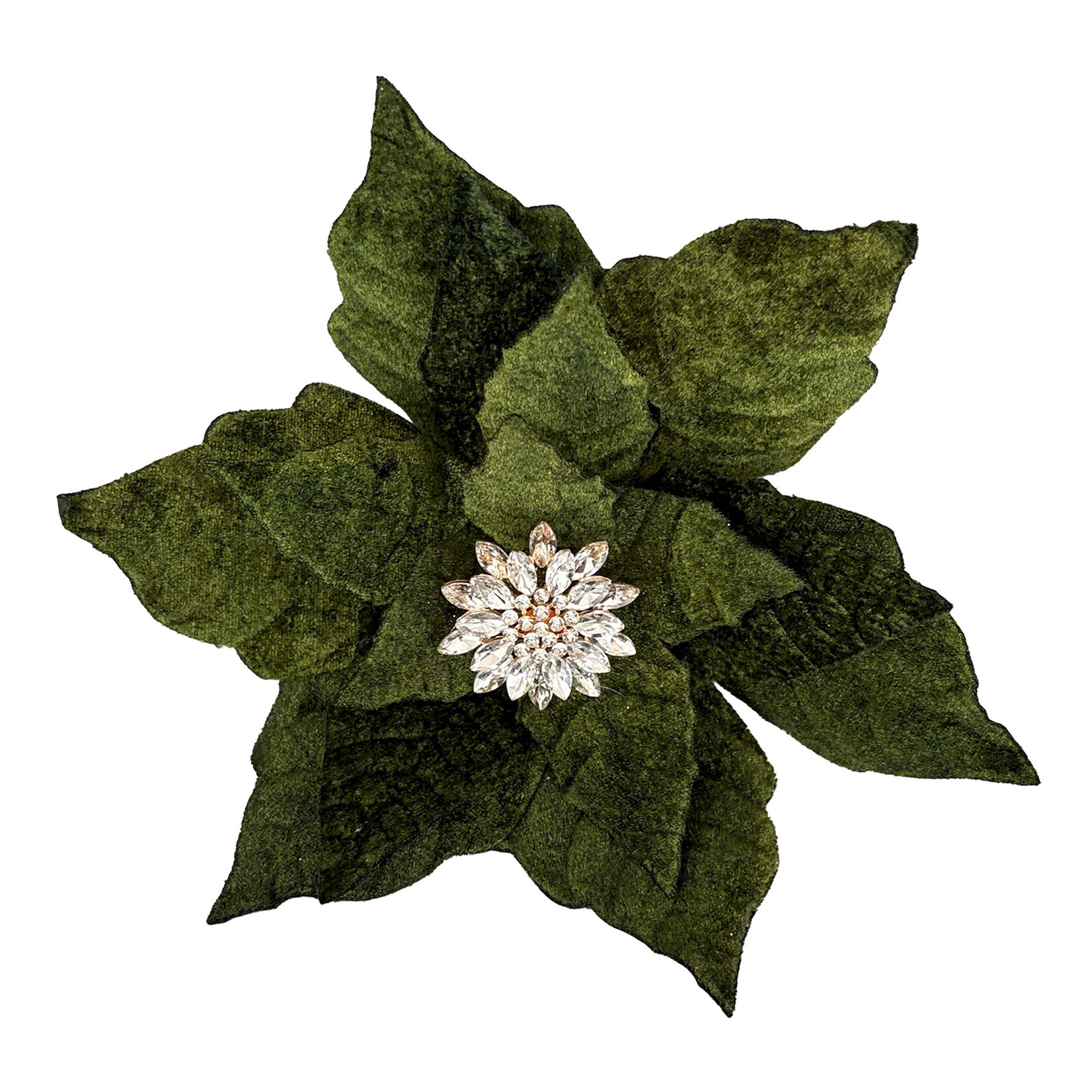 POINSETTIA HEAD GREEN 9" VELVET W/ DIAMOND CENTER & CLIP