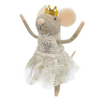 ORN WOOL MOUSE W/ LACE DRESS & CROWN 4.5" IVORY/GOLD