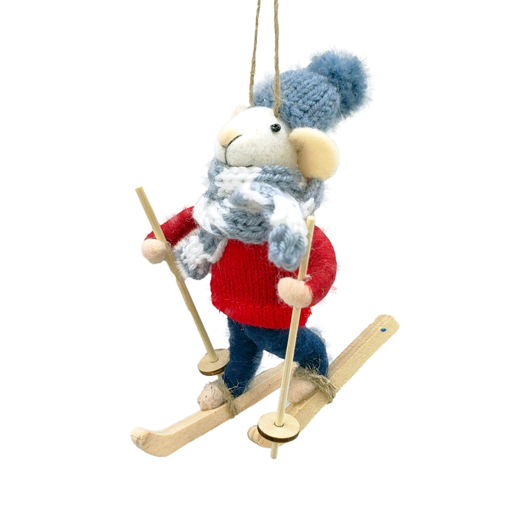 ORN WOOL MOUSE RED/BLUE 6" SKIING WEARING SKI ATTIRE & A BEANIE