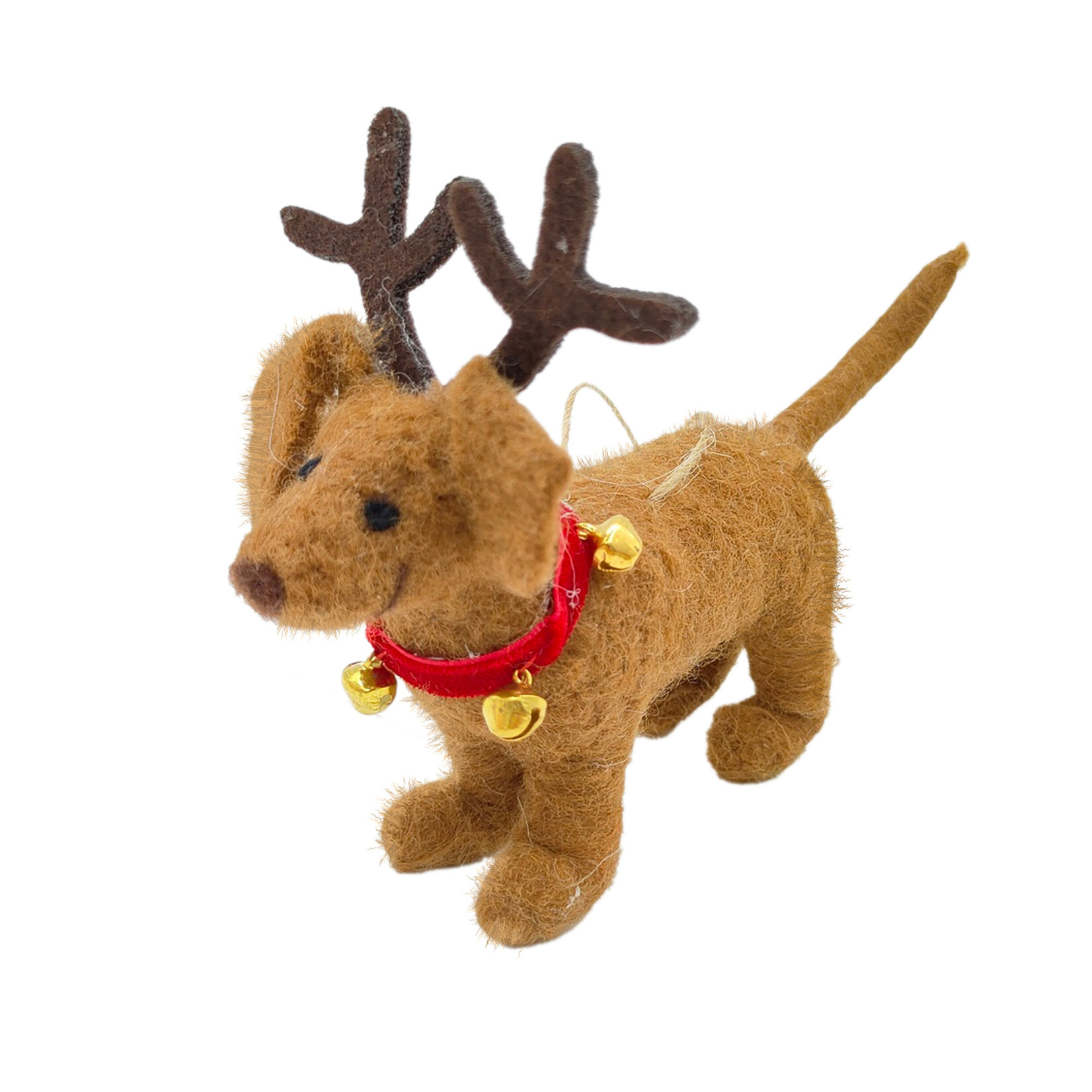 ORN WOOL DOG BROWN 4" W/ ANTLERS & A BELL COLLAR