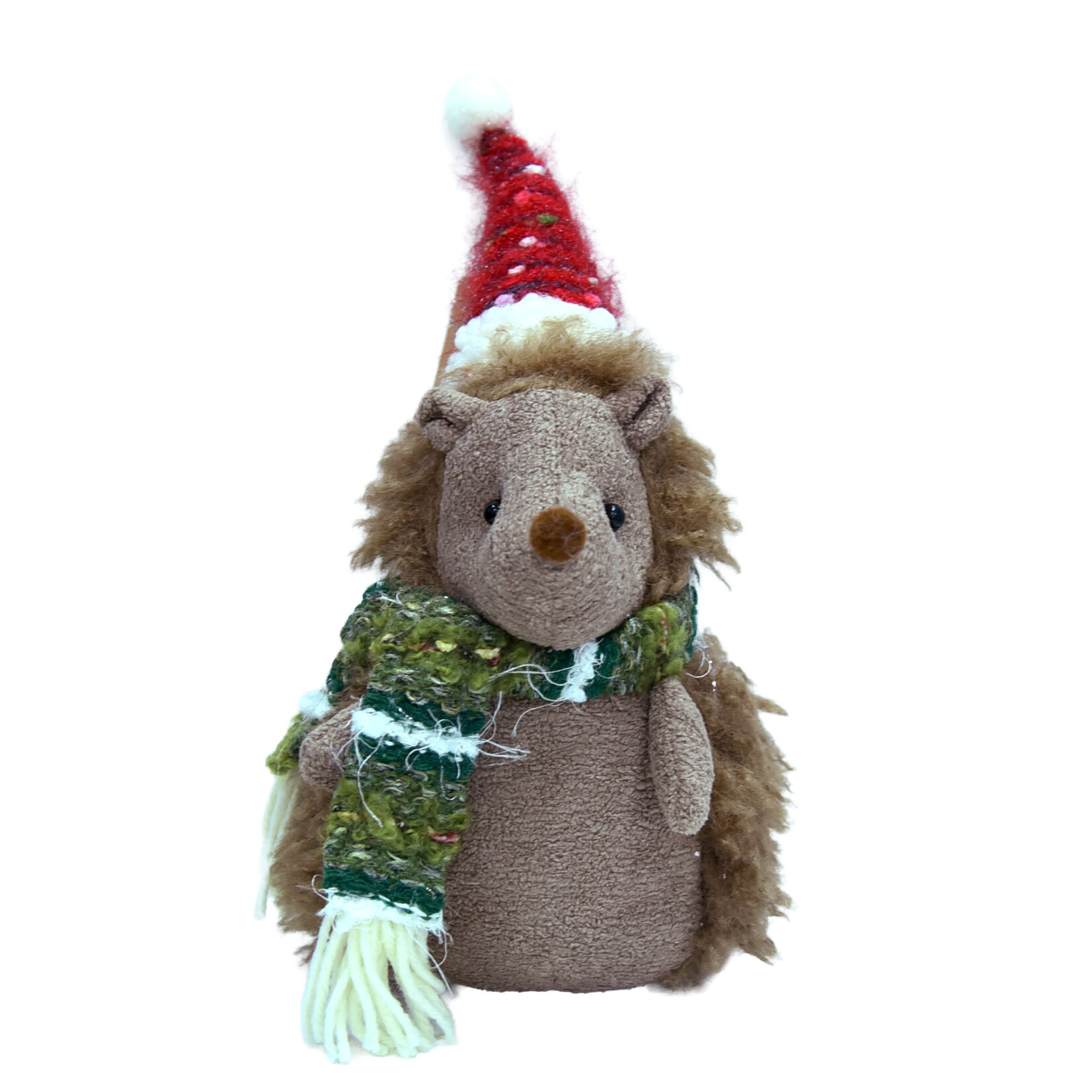 PLUSH HEDGEHOG SITTING BROWN/GRAY 10" W/ KNITTED RED HAT & SCARF