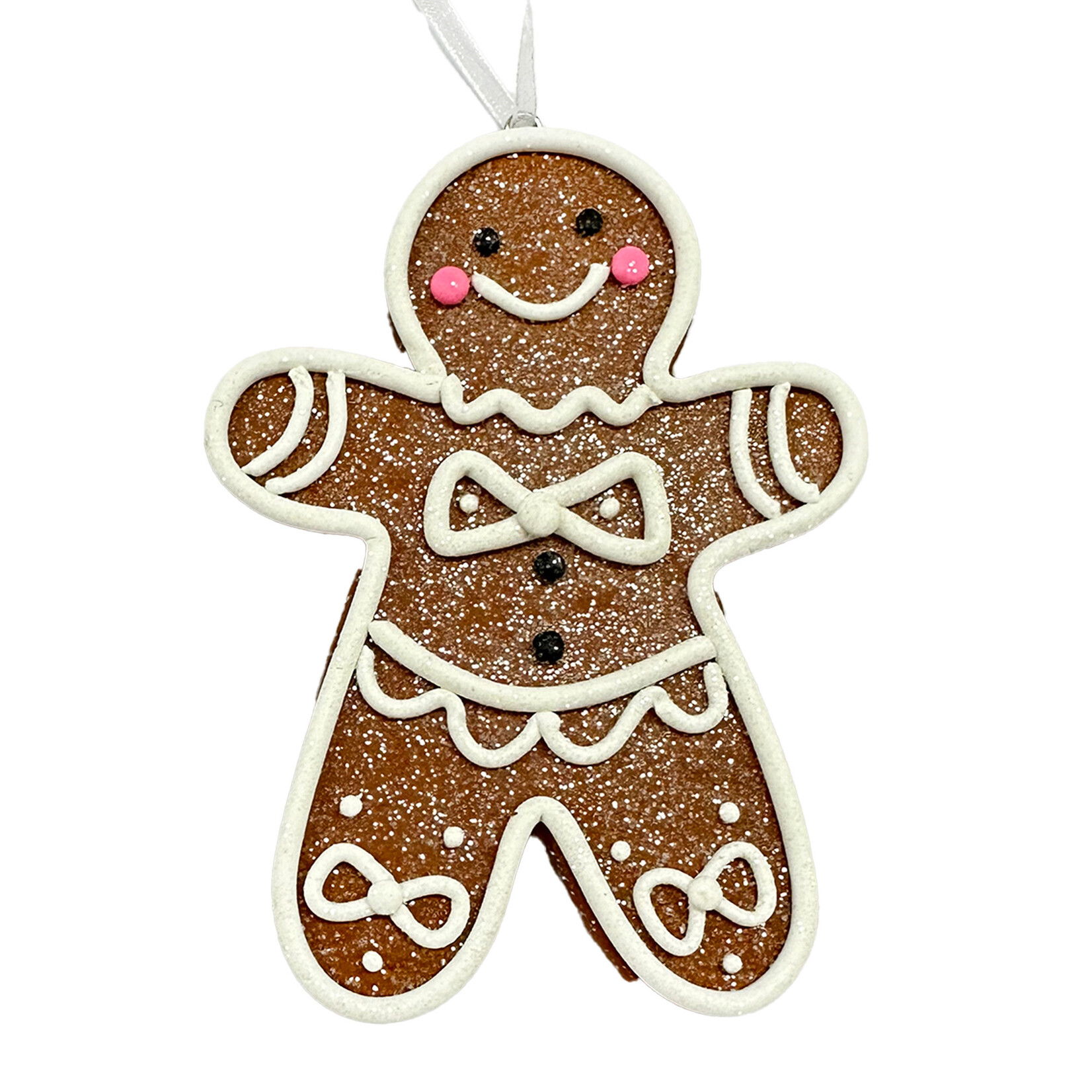 ORN GINGERBREAD MAN 4.5" W/ BOW-TIE, CLAY DOUGH W/ GLITTER