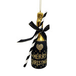 ORN GLASS CHAMPAGNE BOTTLE W/ "MERRY CHRISTMAS" 6" BLACK/GOLD GLITTER