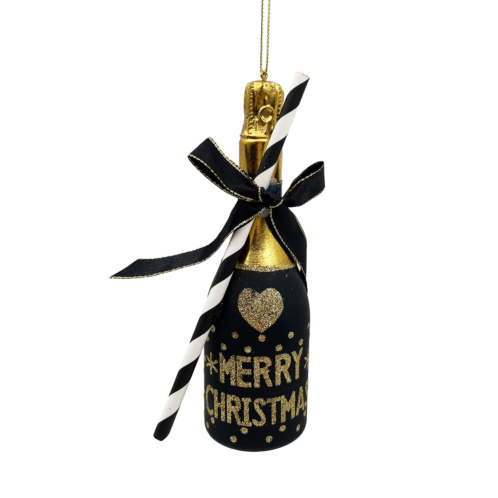 ORN GLASS CHAMPAGNE BOTTLE W/ "MERRY CHRISTMAS" 6" BLACK/GOLD GLITTER