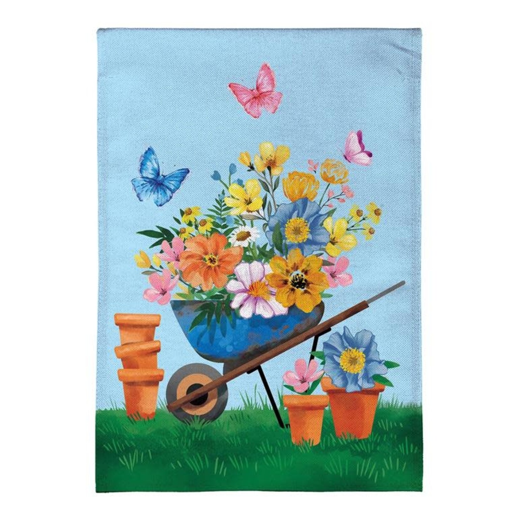 Floral Wheelbarrow Delight Burlap Garden Flag