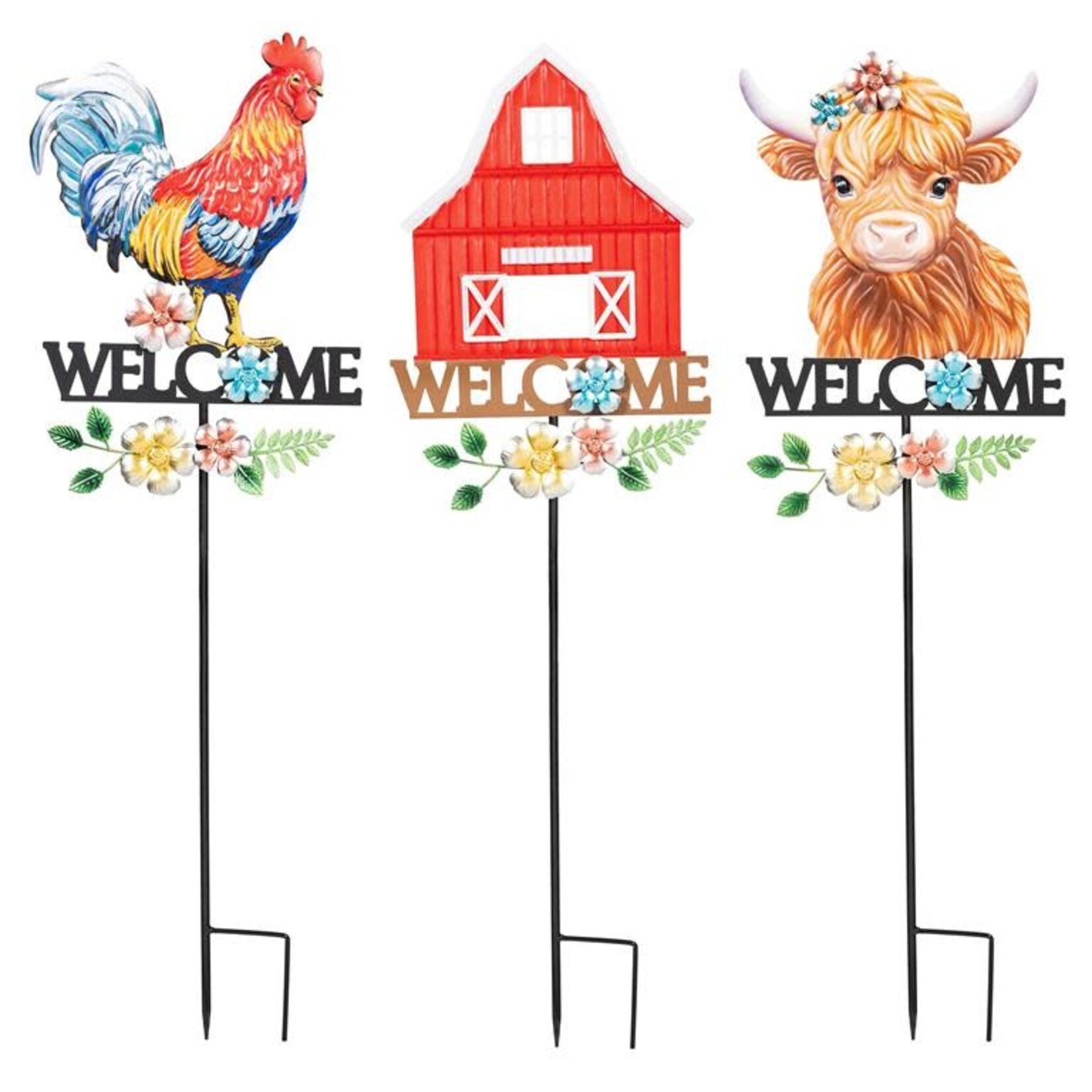 Petal and Plow Metal Garden Stake Barn/Cow/Rooster.  Asst -3