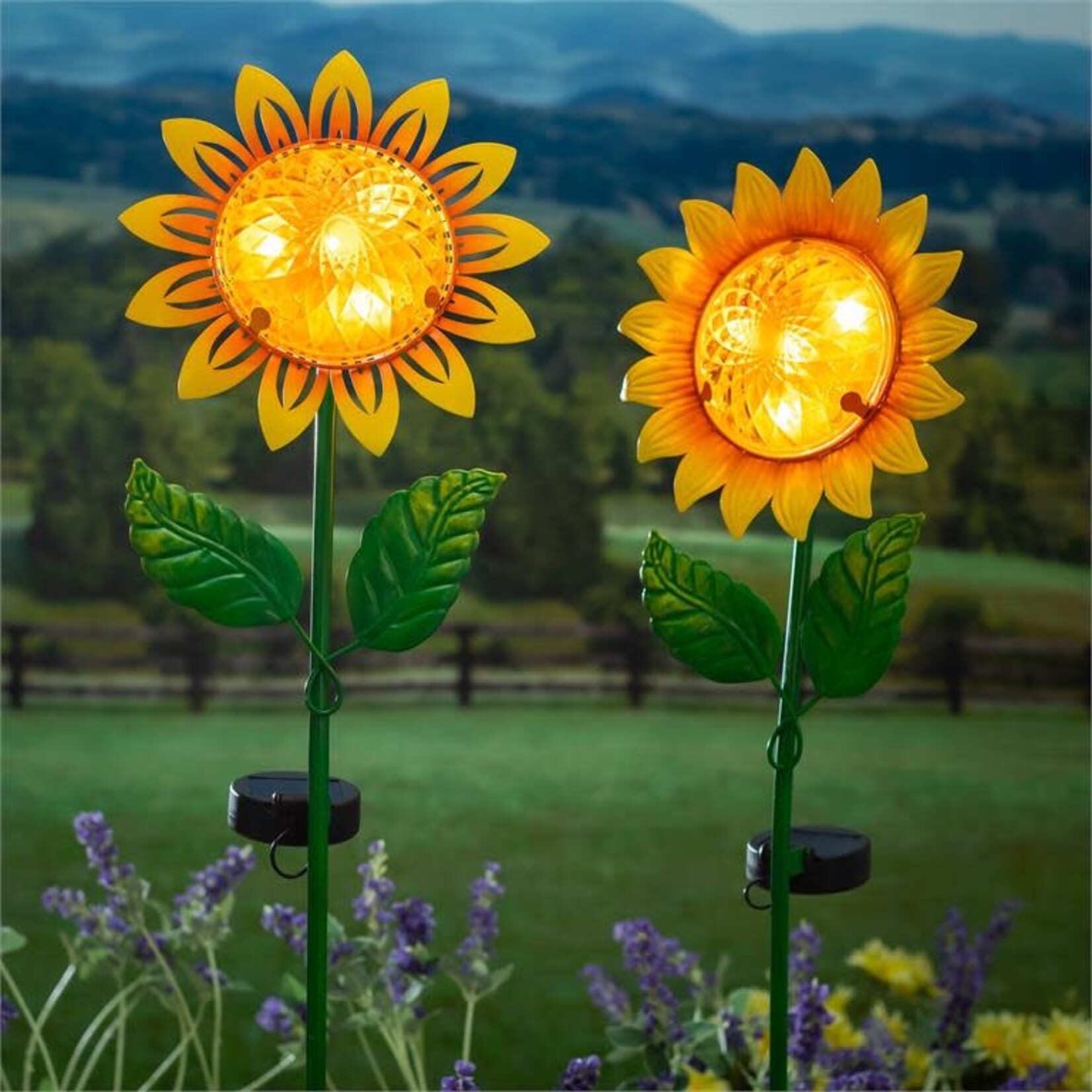 Metal and Glass Solar Sunflower Garden Stake, 2 Assorted