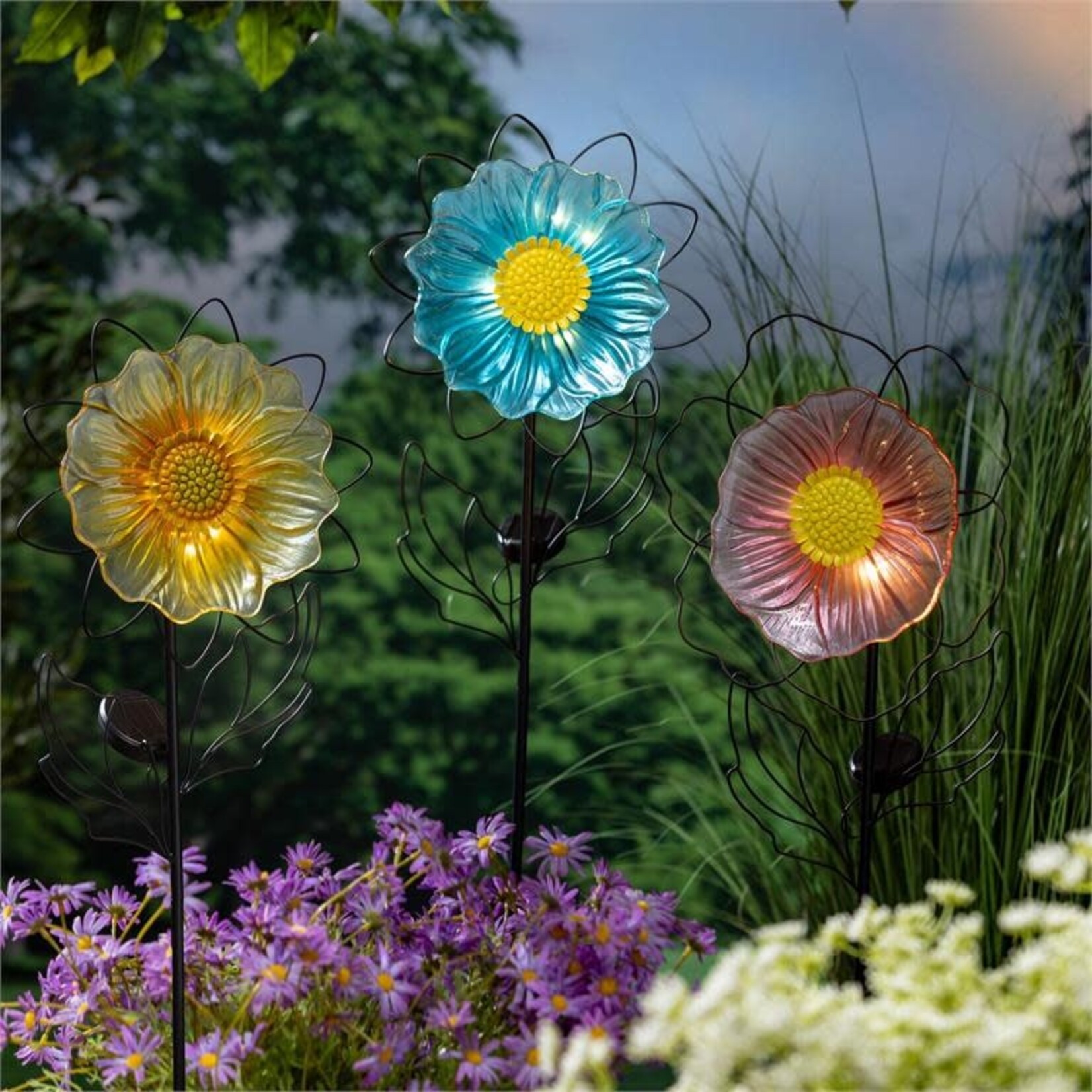 Metal and Glass Flower Solar Flower Stake 48"H, 3 Assorted