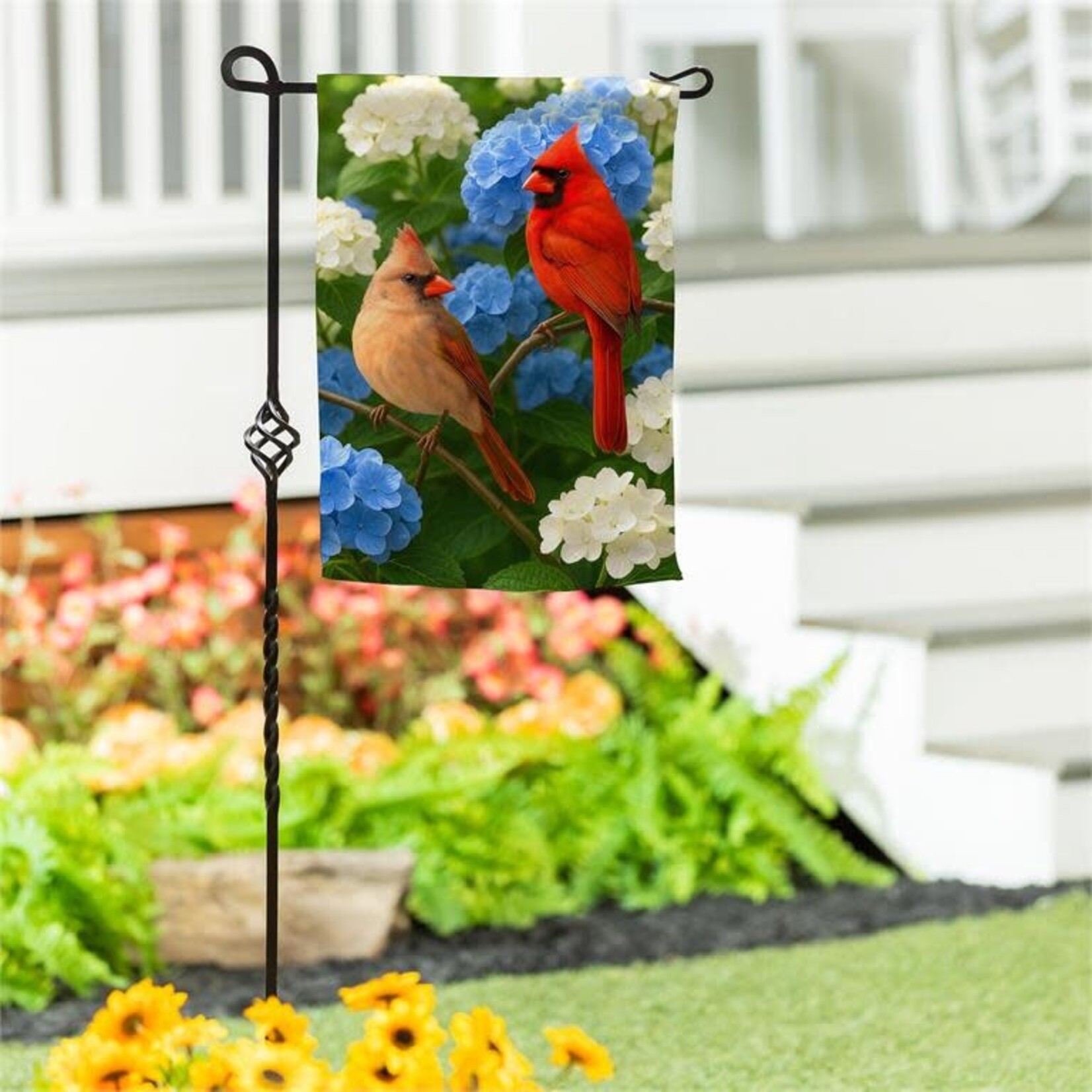 Cardinal Couple Among Hydrangeas Suede Garden Flag