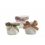 7X5.5"H White Washed Basket w/Liner& Ribbon - 3 Asst.