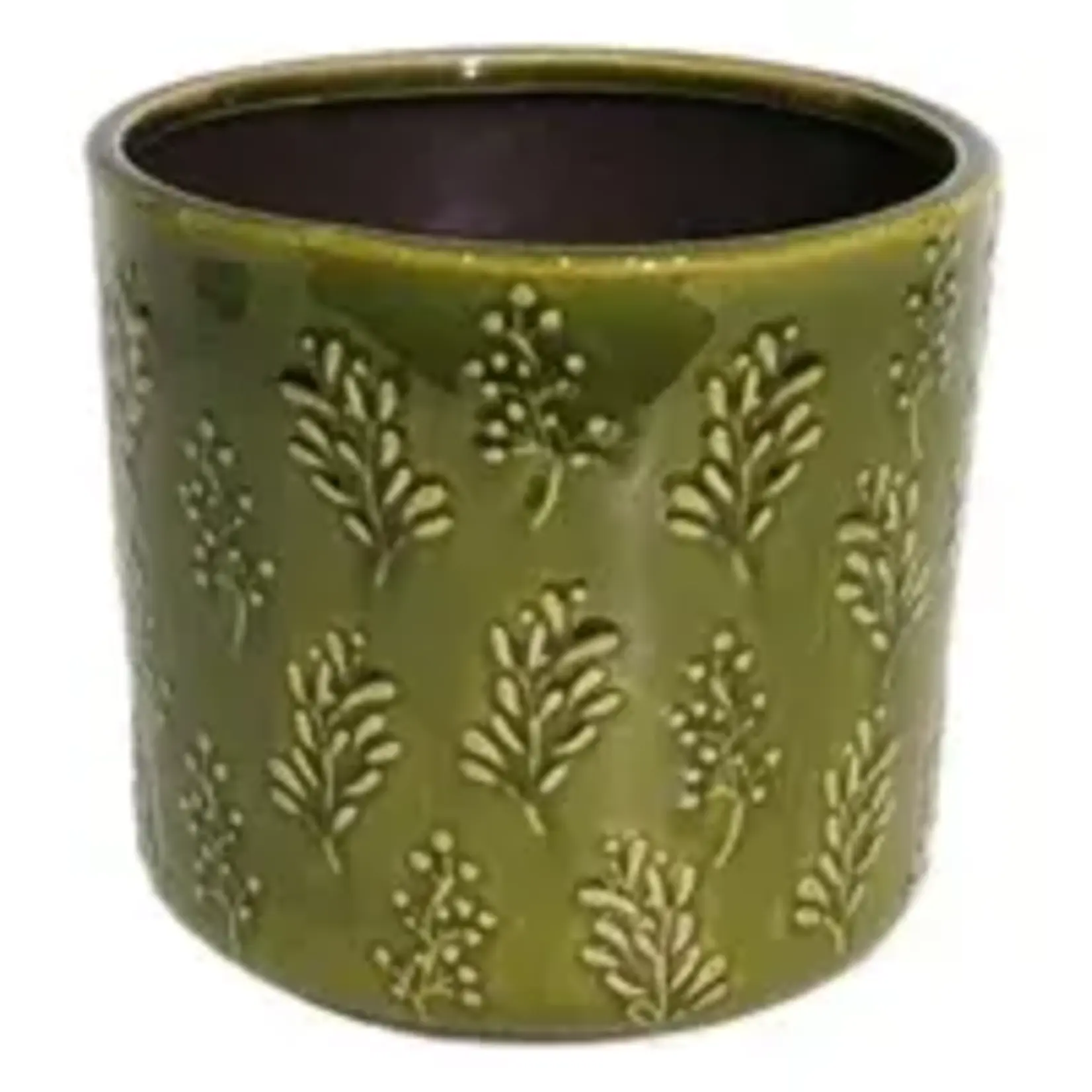 Shiny Green Botanical Ceramic Pot - 6.8"D
