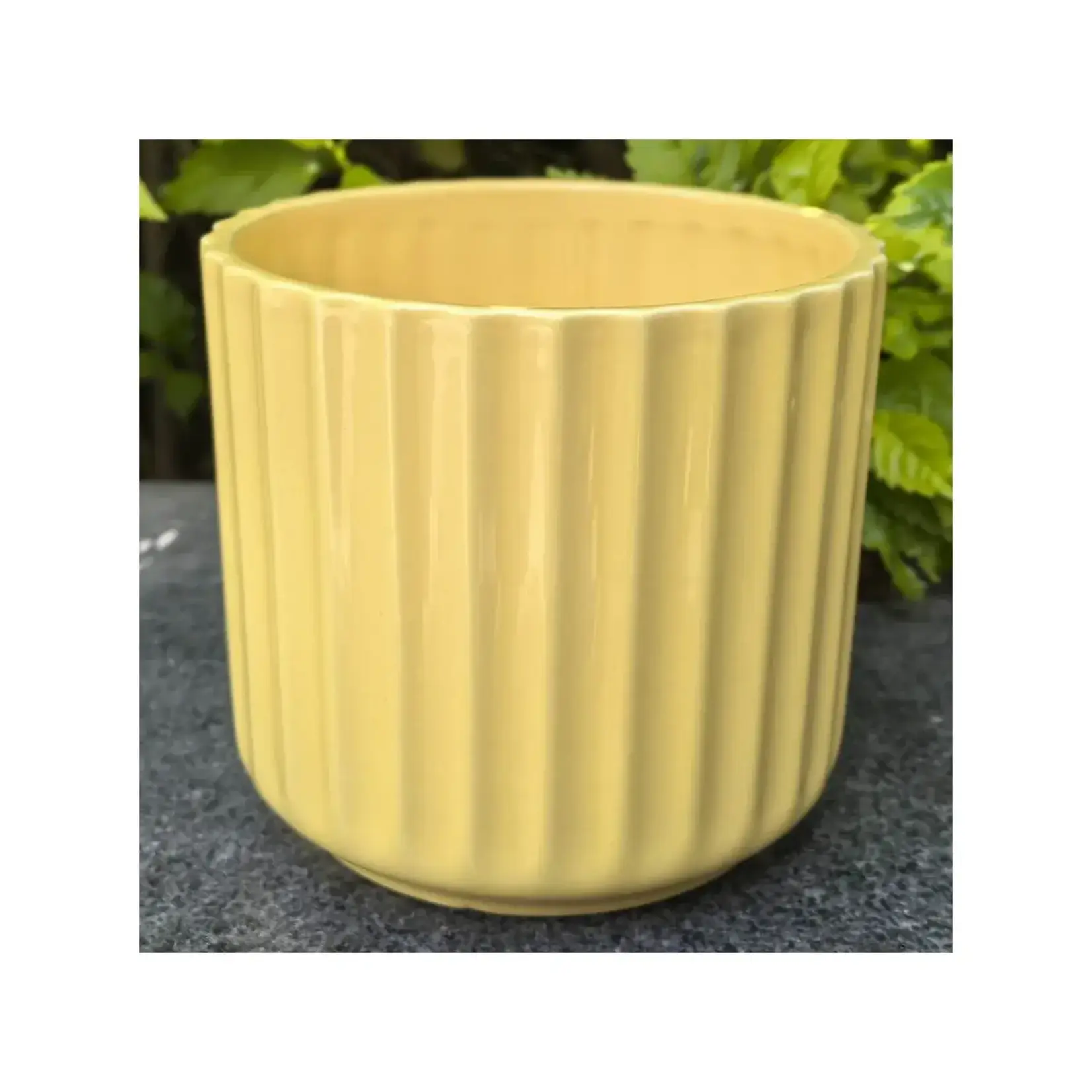 Shiny Yellow Ribbed Dolomite Pot