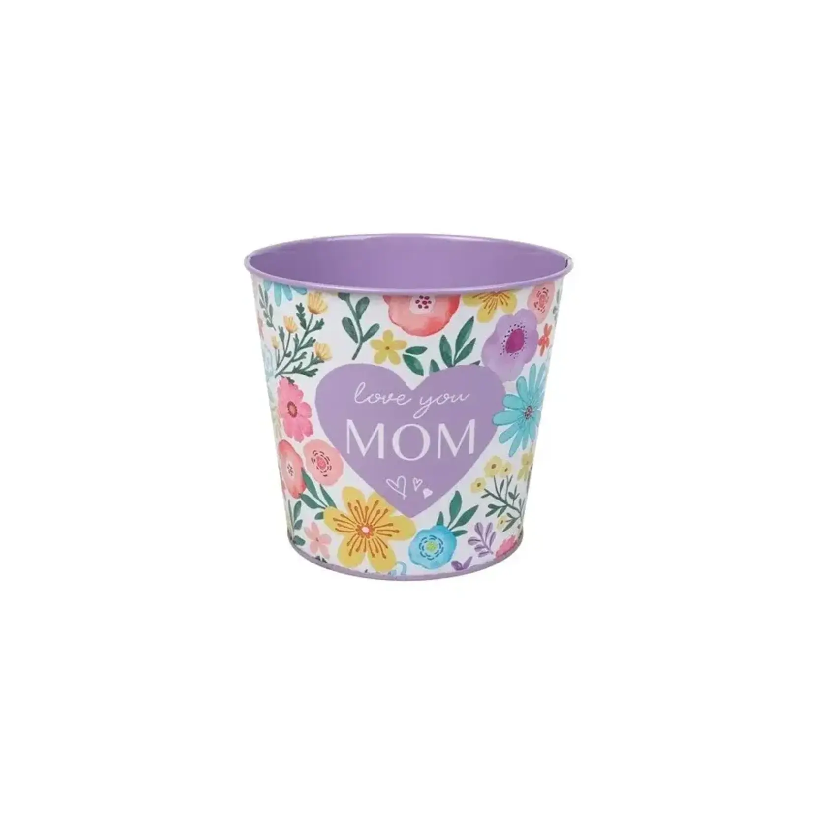 Metal, Mday Pot, (4.5"D) "LOVE YOU MOM" Flowers Printed Metal w/ Hard Liner