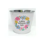 Metal, Mday Pot, (4.5"D) "HAPPY MOTHERS DAY" Floral Wreath Printed Metal w/ Hard Liner