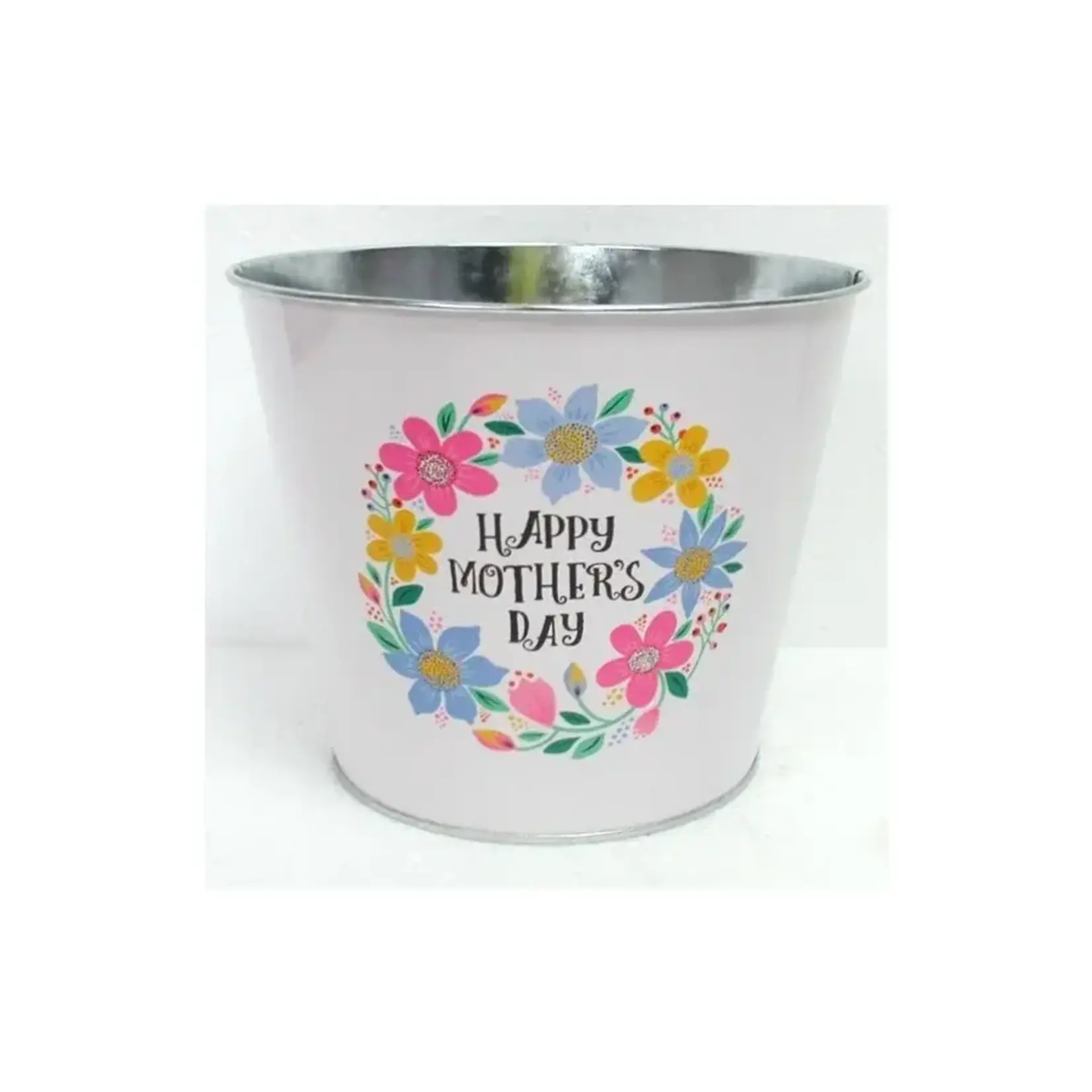 Metal, Mday Pot, (4.5"D) "HAPPY MOTHERS DAY" Floral Wreath Printed Metal w/ Hard Liner